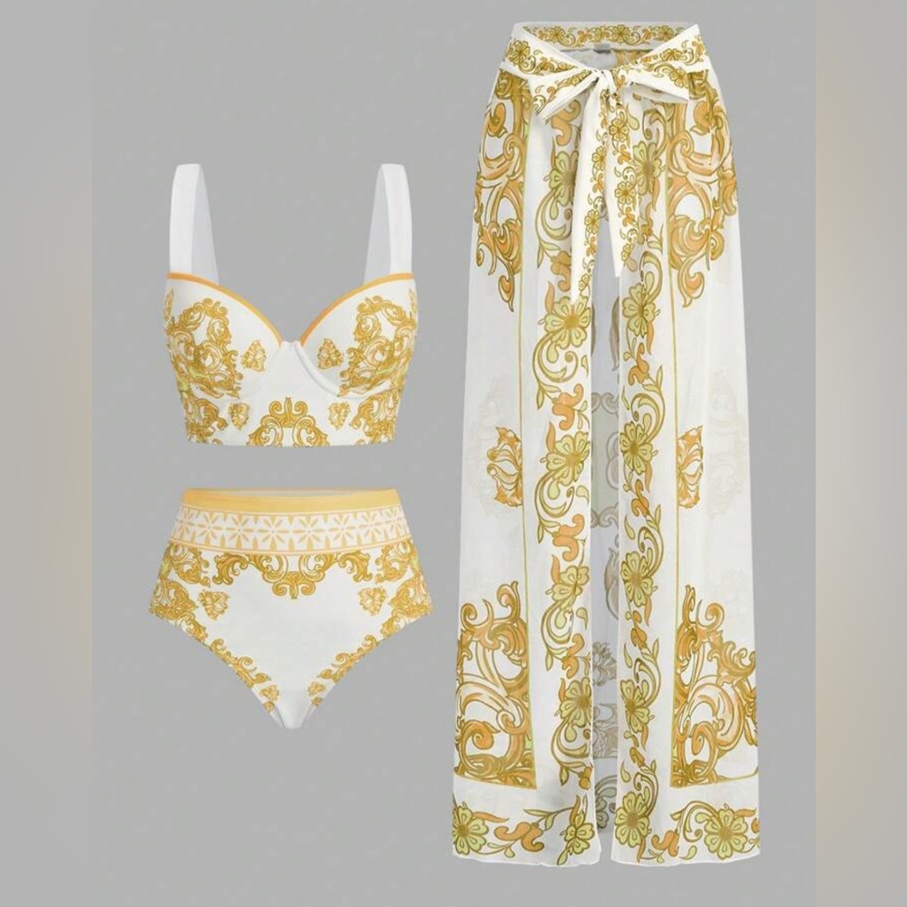 Elegant White and Gold Swimwear Set